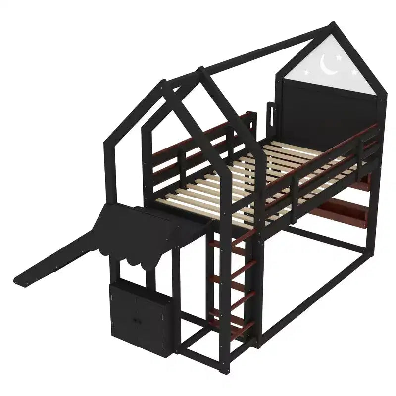 Lit mezzanine cabane avec étagère et toboggan, cadre en bois massif avec barrières de sécurité pour enfants