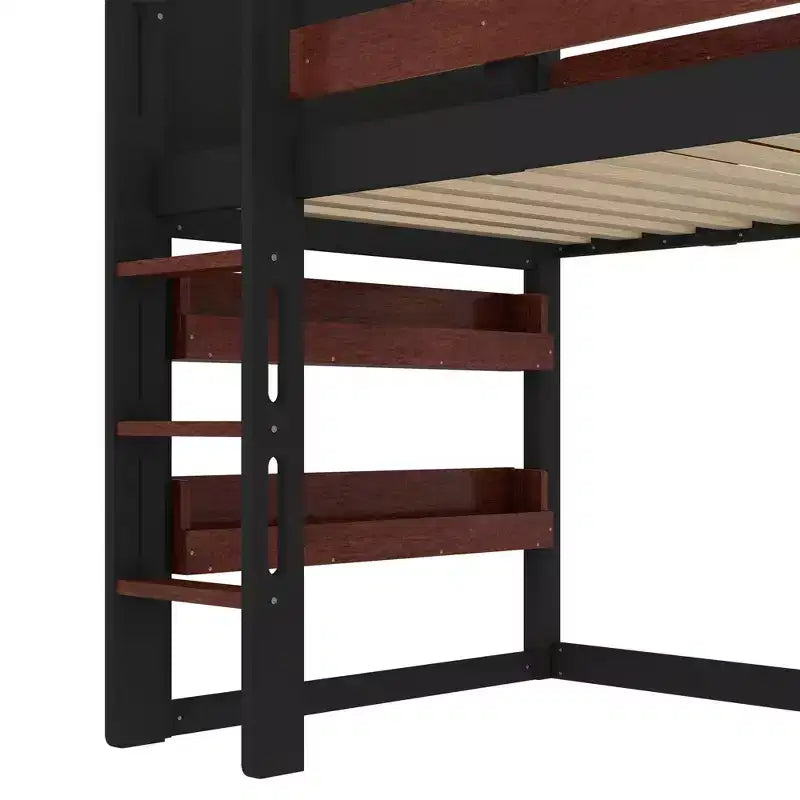 Lit mezzanine cabane avec étagère et toboggan, cadre en bois massif avec barrières de sécurité pour enfants