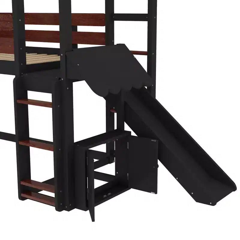 Lit mezzanine cabane avec étagère et toboggan, cadre en bois massif avec barrières de sécurité pour enfants