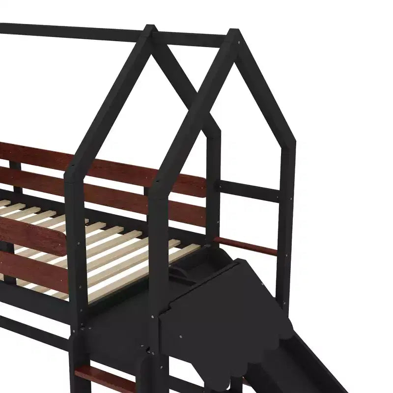 Lit mezzanine cabane avec étagère et toboggan, cadre en bois massif avec barrières de sécurité pour enfants