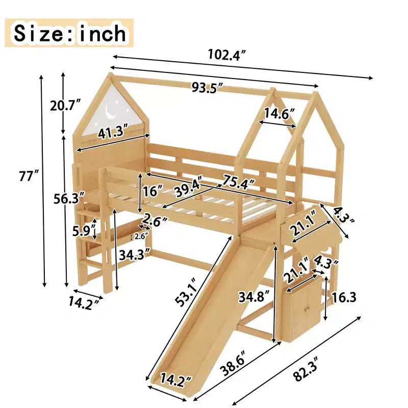 Lit mezzanine cabane avec étagère et toboggan, cadre en bois massif avec barrières de sécurité pour enfants