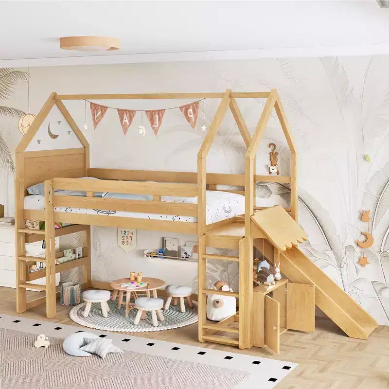 Lit mezzanine cabane avec étagère et toboggan, cadre en bois massif avec barrières de sécurité pour enfants