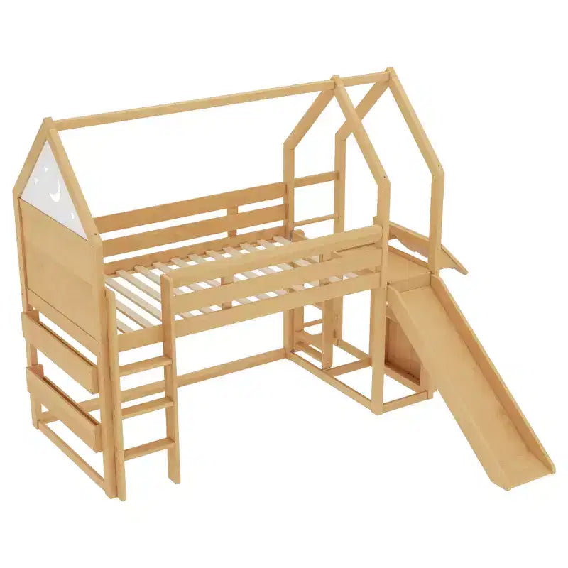 Lit mezzanine cabane avec étagère et toboggan, cadre en bois massif avec barrières de sécurité pour enfants