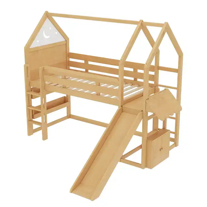 Lit mezzanine cabane avec étagère et toboggan, cadre en bois massif avec barrières de sécurité pour enfants