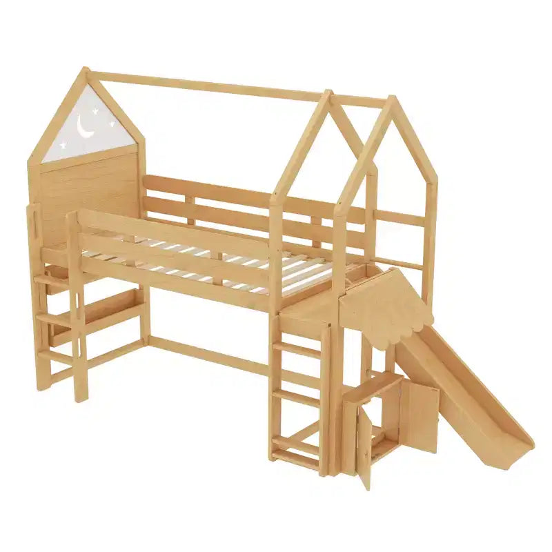 Lit mezzanine cabane avec étagère et toboggan, cadre en bois massif avec barrières de sécurité pour enfants