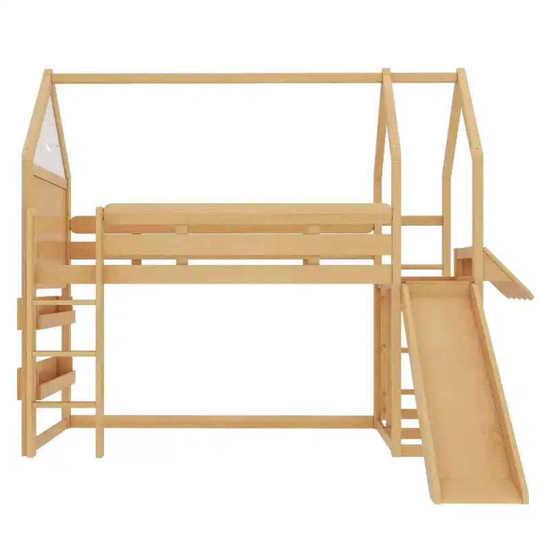 Lit mezzanine cabane avec étagère et toboggan, cadre en bois massif avec barrières de sécurité pour enfants