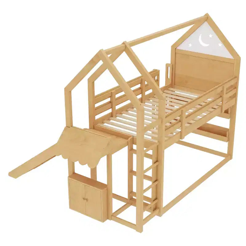 Lit mezzanine cabane avec étagère et toboggan, cadre en bois massif avec barrières de sécurité pour enfants