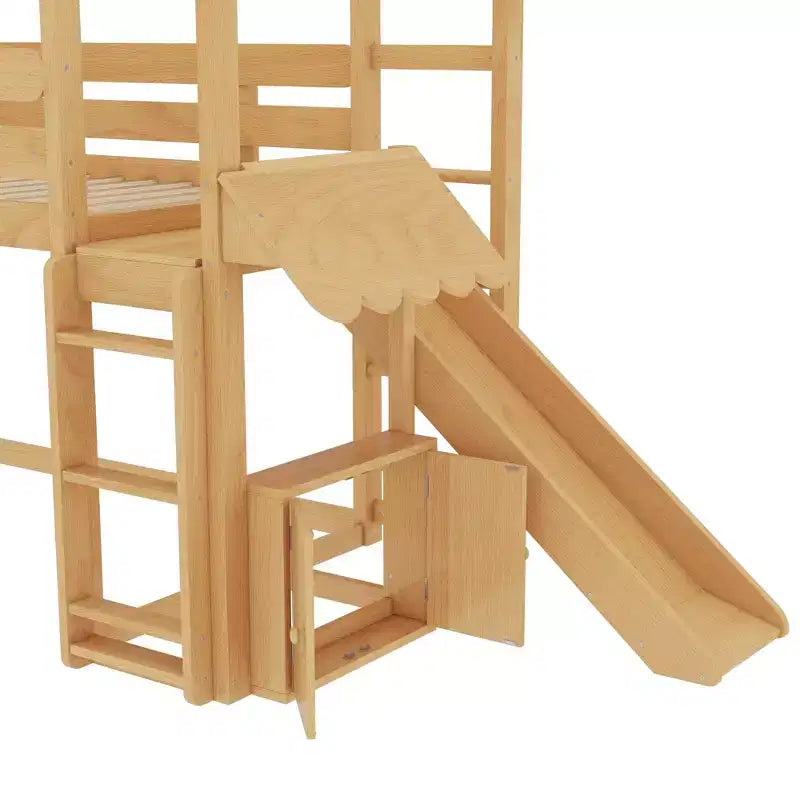 Lit mezzanine cabane avec étagère et toboggan, cadre en bois massif avec barrières de sécurité pour enfants