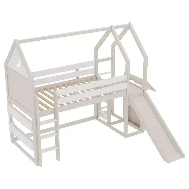 Lit mezzanine cabane avec étagère et toboggan, cadre en bois massif avec barrières de sécurité pour enfants