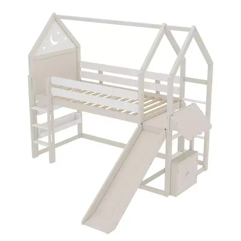 Lit mezzanine cabane avec étagère et toboggan, cadre en bois massif avec barrières de sécurité pour enfants