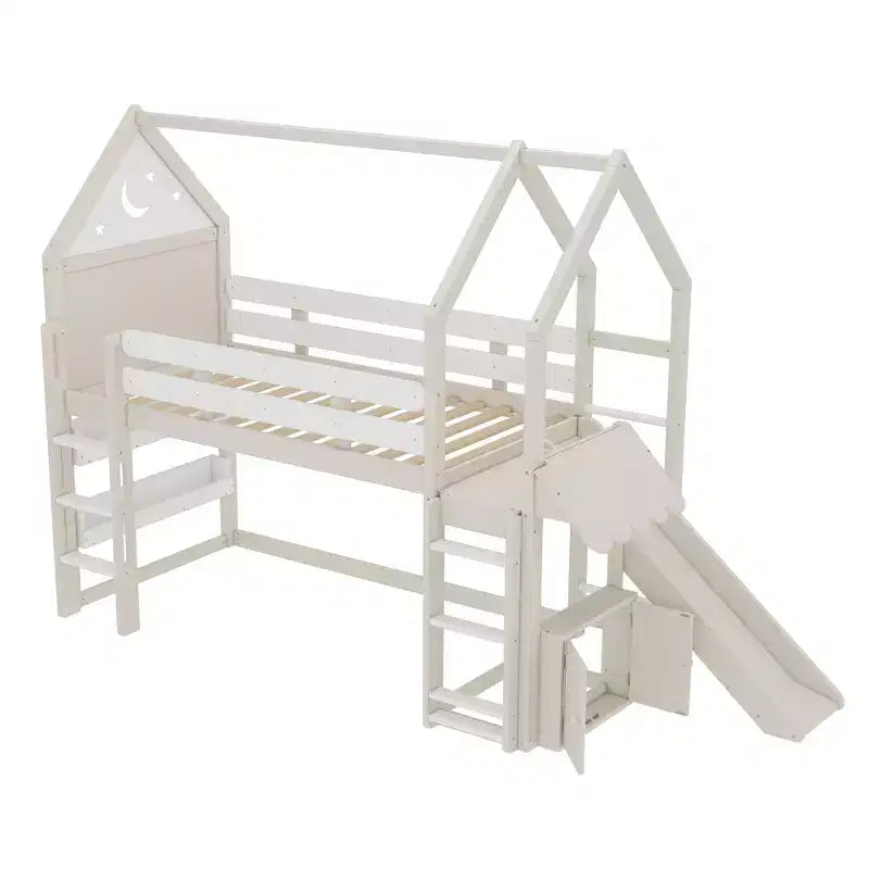 Lit mezzanine cabane avec étagère et toboggan, cadre en bois massif avec barrières de sécurité pour enfants