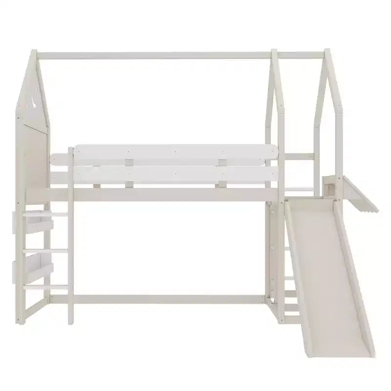 Lit mezzanine cabane avec étagère et toboggan, cadre en bois massif avec barrières de sécurité pour enfants