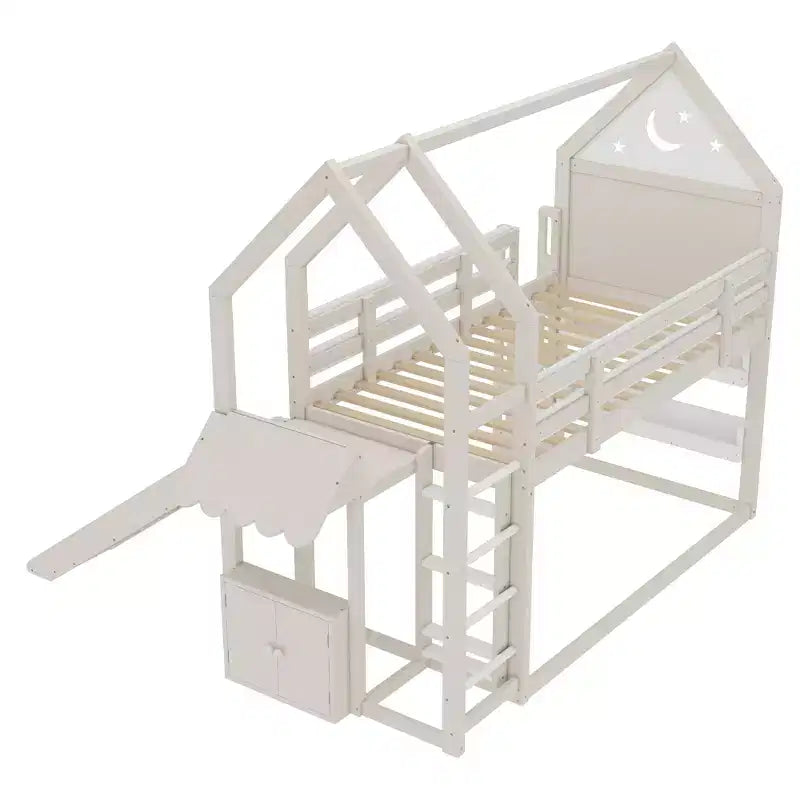 Lit mezzanine cabane avec étagère et toboggan, cadre en bois massif avec barrières de sécurité pour enfants
