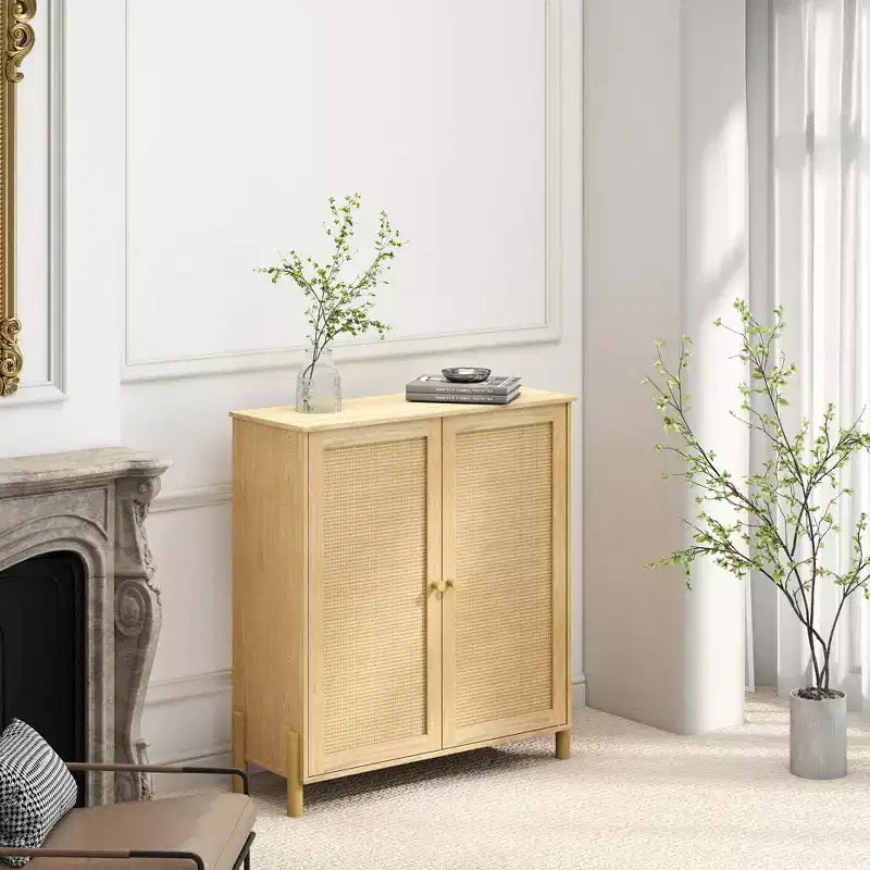 Meuble de rangement Mid-Century avec portes en rotin, étagères réglables et base en bois massif