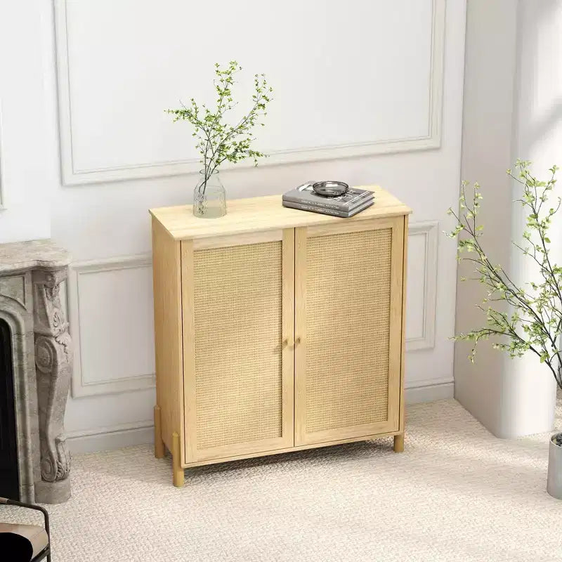 Meuble de rangement Mid-Century avec portes en rotin, étagères réglables et base en bois massif