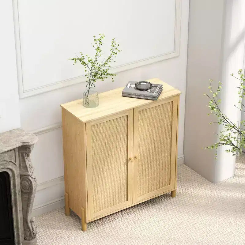 Meuble de rangement Mid-Century avec portes en rotin, étagères réglables et base en bois massif