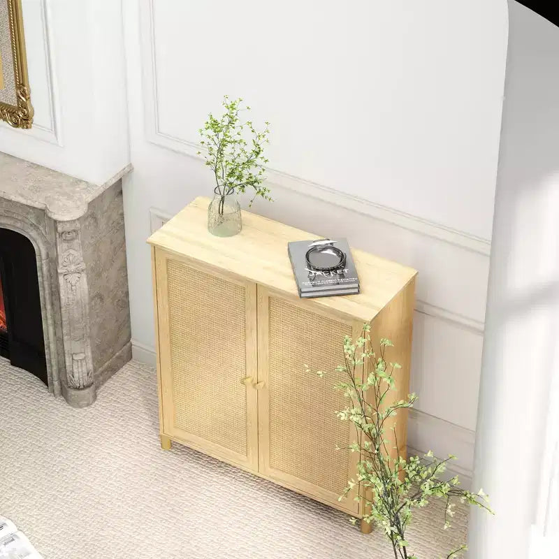 Meuble de rangement Mid-Century avec portes en rotin, étagères réglables et base en bois massif