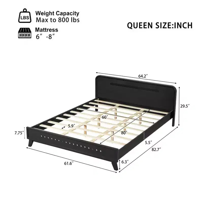 Cadre de lit double/king size, lit plateforme en bois de pin avec tête de lit, pas besoin de sommier tapissier
