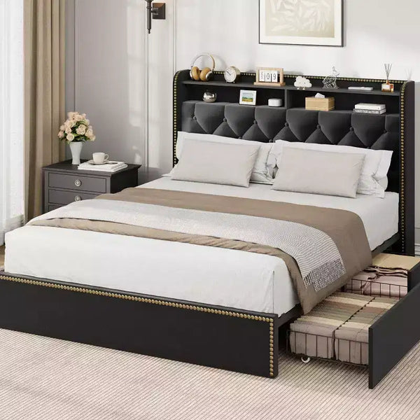 Full/Queen/King Upholstered Platform Bed Frame with 2-Tier Storage Headboard,Black Velvet Tufted Bed with 4 Drawers,Nailhead Trim, Sturdy Metal Frame