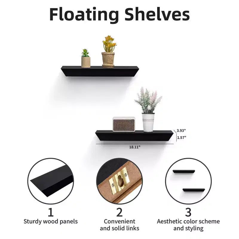 Étagère murale flottante noire de 45,9 cm, avec supports invisibles, en bois, pour salle de bain, chambre, cuisine