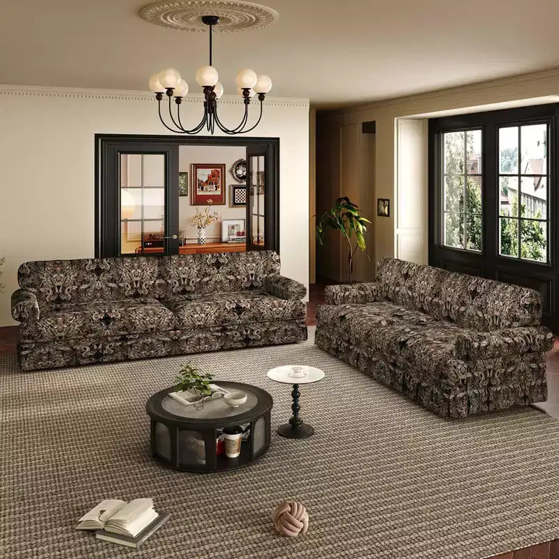 Canapé 4 places nuage, luxueusement confortable, 93,7", en tissu chenille avec accoudoirs roulés et jupe plissée, motif floral noir