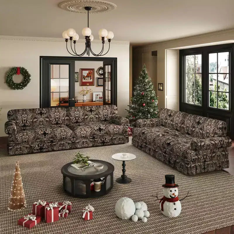 Canapé 4 places nuage, luxueusement confortable, 93,7", en tissu chenille avec accoudoirs roulés et jupe plissée, motif floral noir