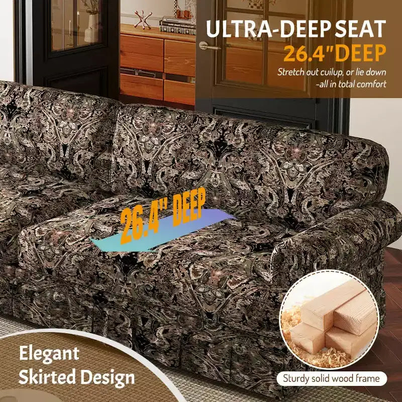 Canapé 4 places nuage, luxueusement confortable, 93,7", en tissu chenille avec accoudoirs roulés et jupe plissée, motif floral noir