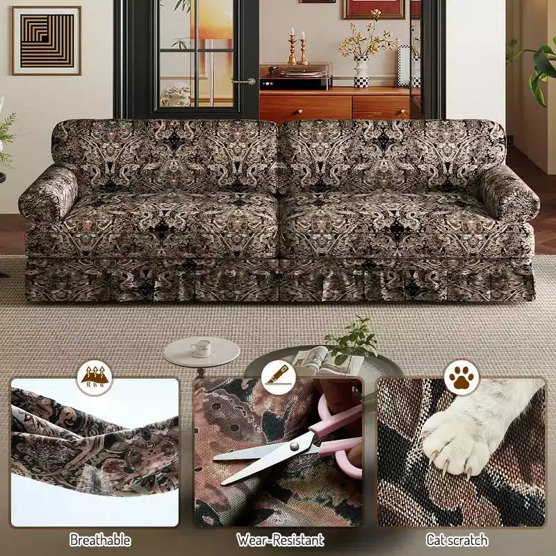 Canapé 4 places nuage, luxueusement confortable, 93,7", en tissu chenille avec accoudoirs roulés et jupe plissée, motif floral noir