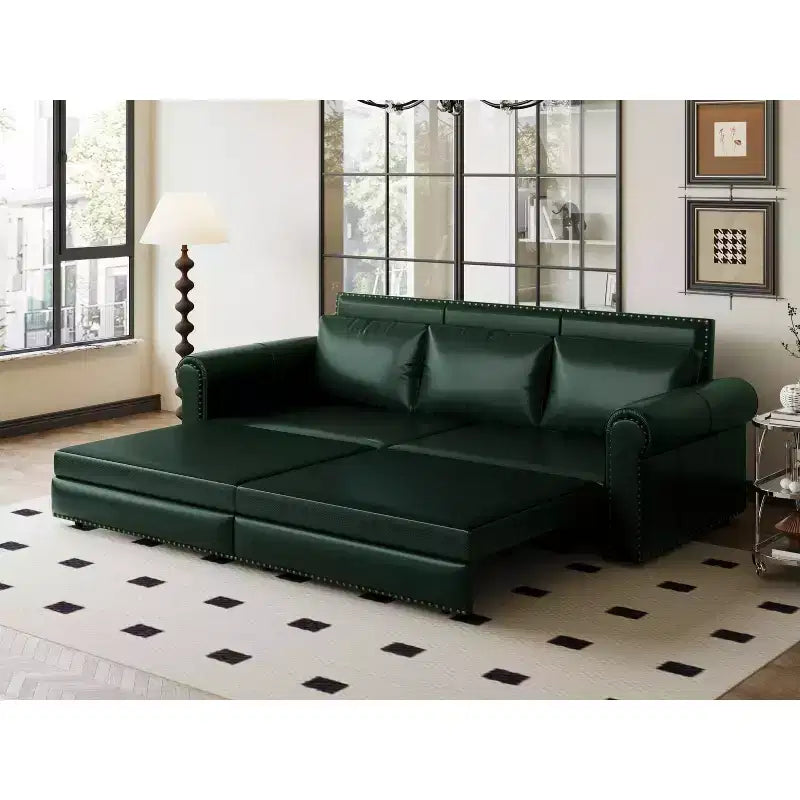 Canapé-lit king size 3-en-1 convertible en similicuir de 93,7 po avec clous décoratifs et accoudoirs arrondis, vert