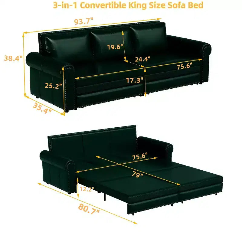 Canapé-lit king size 3-en-1 convertible en similicuir de 93,7 po avec clous décoratifs et accoudoirs arrondis, vert