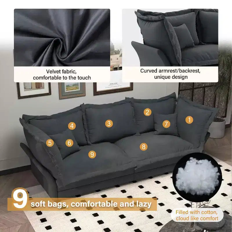 Canapé Cloud moderne et confortable de 90,55 po, avec assise profonde et plusieurs grands oreillers, gris