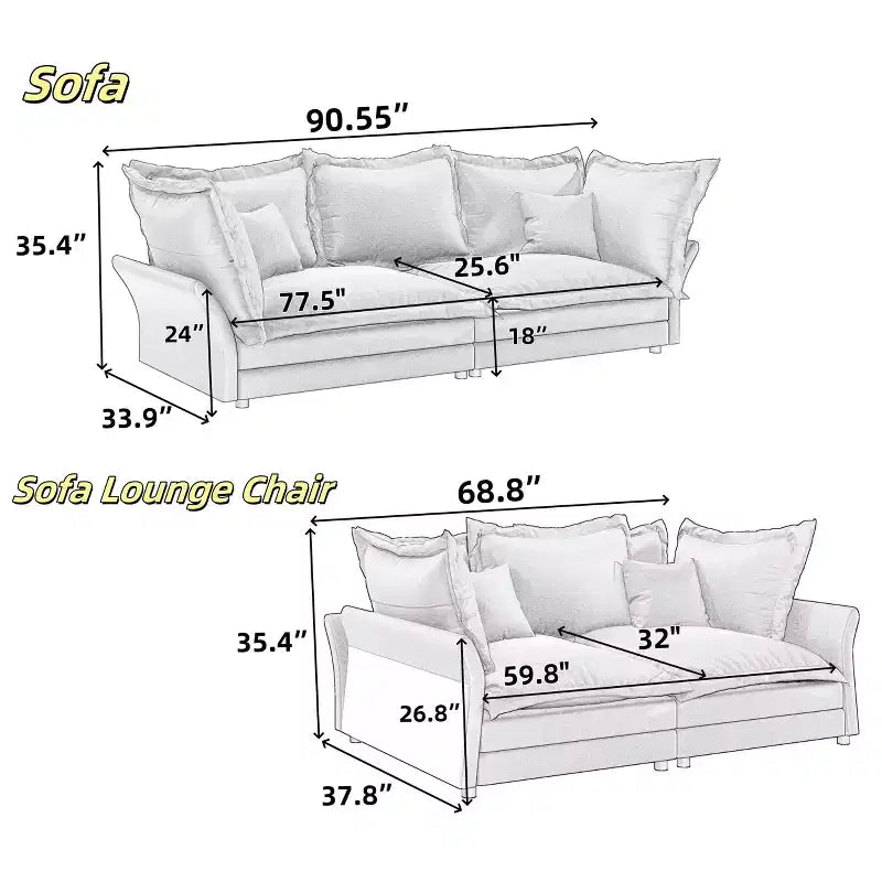 Canapé Cloud moderne et confortable de 90,55 po, avec assise profonde et plusieurs grands oreillers, gris