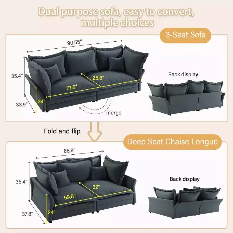 Canapé Cloud moderne et confortable de 90,55 po, avec assise profonde et plusieurs grands oreillers, gris