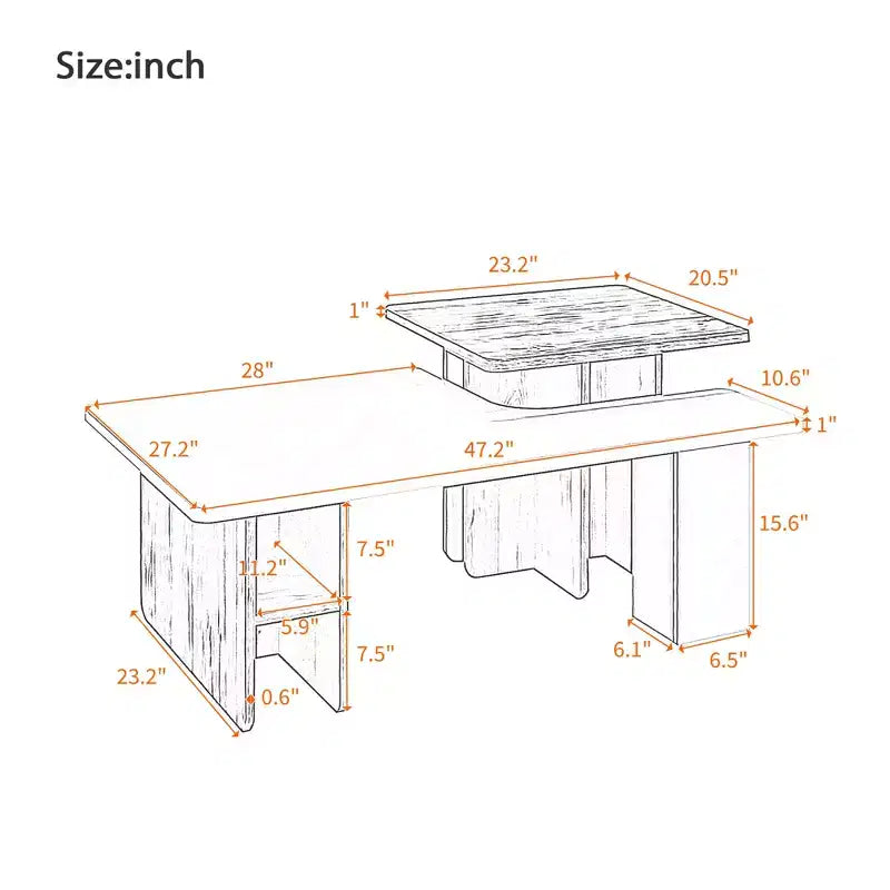 47.20" Lot de 2 tables basses gigognes de style rustique, table basse rectangulaire pour salon, ensemble de tables basses finition bois, petites tables basses