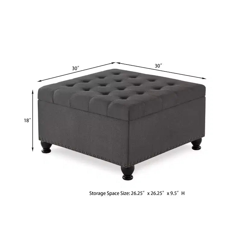 Pouffe de rangement surdimensionné de 76 cm, design capitonné, repose-pieds en lin doux pour le salon, bordure cloutée, capacité de 136 kg