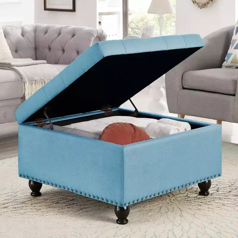 Pouffe de rangement surdimensionné de 76 cm, design capitonné, repose-pieds en lin doux pour le salon, bordure cloutée, capacité de 136 kg