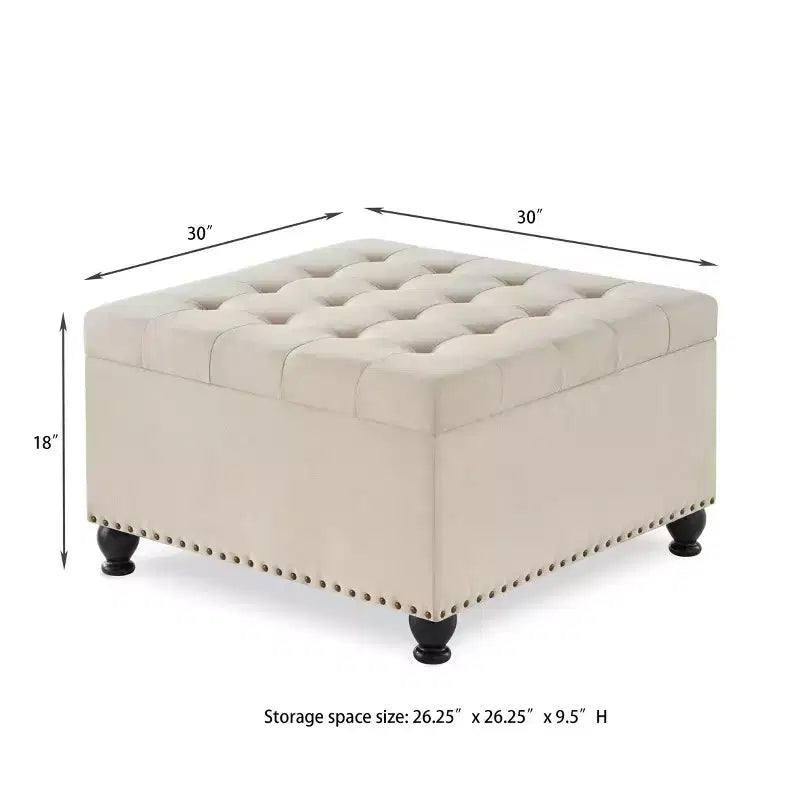 Pouffe de rangement surdimensionné de 76 cm, design capitonné, repose-pieds en lin doux pour le salon, bordure cloutée, capacité de 136 kg