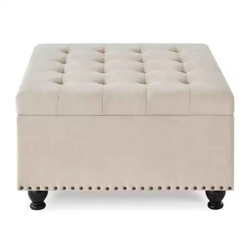 Pouffe de rangement surdimensionné de 76 cm, design capitonné, repose-pieds en lin doux pour le salon, bordure cloutée, capacité de 136 kg
