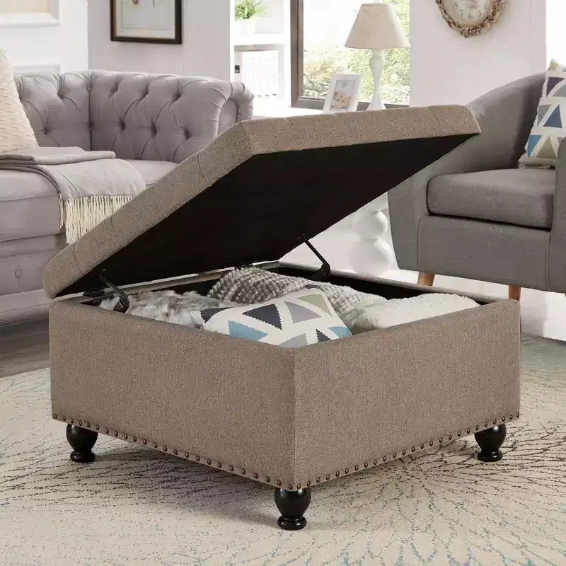 Pouffe de rangement surdimensionné de 76 cm, design capitonné, repose-pieds en lin doux pour le salon, bordure cloutée, capacité de 136 kg