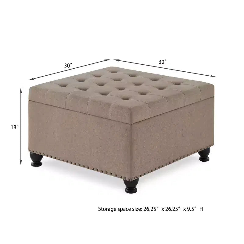 Pouffe de rangement surdimensionné de 76 cm, design capitonné, repose-pieds en lin doux pour le salon, bordure cloutée, capacité de 136 kg