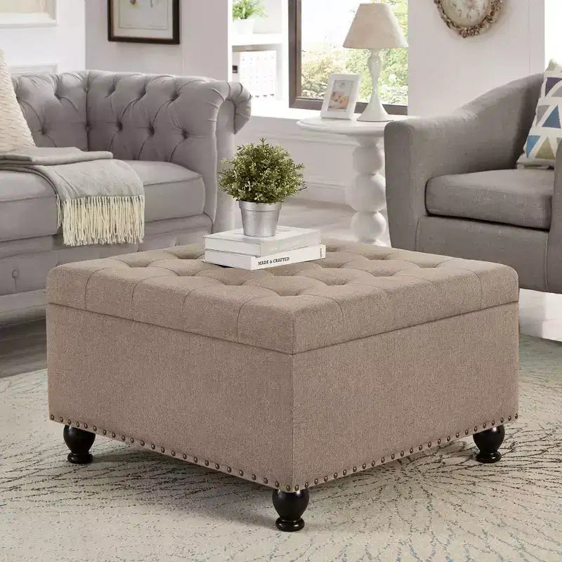 Pouffe de rangement surdimensionné de 76 cm, design capitonné, repose-pieds en lin doux pour le salon, bordure cloutée, capacité de 136 kg