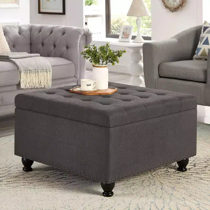 Pouffe de rangement surdimensionné de 76 cm, design capitonné, repose-pieds en lin doux pour le salon, bordure cloutée, capacité de 136 kg