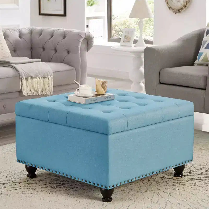 Pouffe de rangement surdimensionné de 76 cm, design capitonné, repose-pieds en lin doux pour le salon, bordure cloutée, capacité de 136 kg