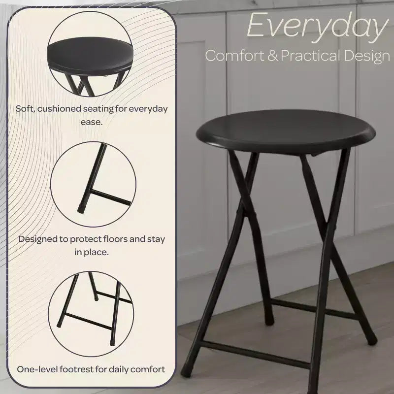 Lot de 2 tabourets de bar pliants, résistants 46 cm avec capacité de 102 kg et sièges rembourrés pour dortoir, salle de récréation ou salle de jeux