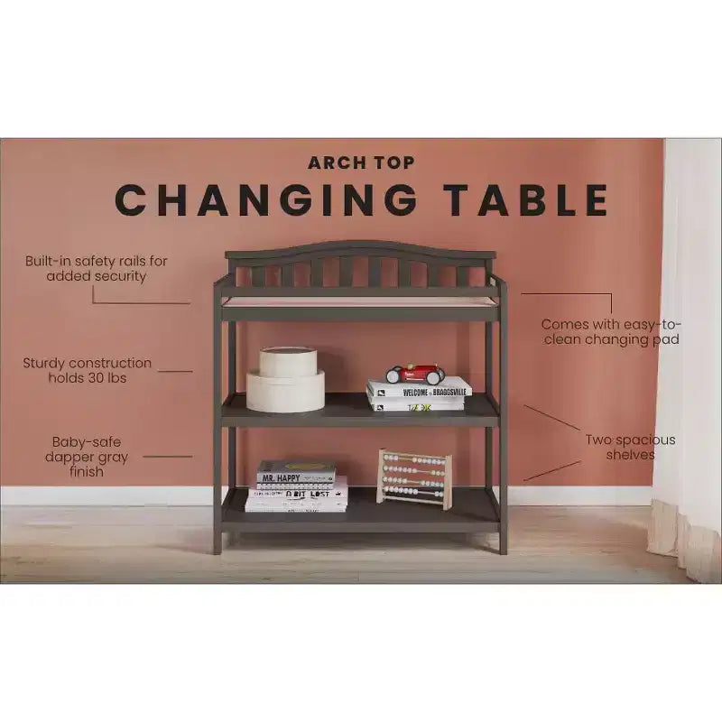 Table à langer pour bébé avec dessus en arc, matelas résistant à l'eau et sangle de sécurité, kit anti-basculement inclus, finition sans danger pour bébé