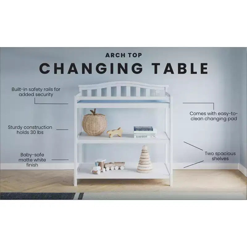 Table à langer pour bébé avec dessus en arc, matelas résistant à l'eau et sangle de sécurité, kit anti-basculement inclus, finition sans danger pour bébé