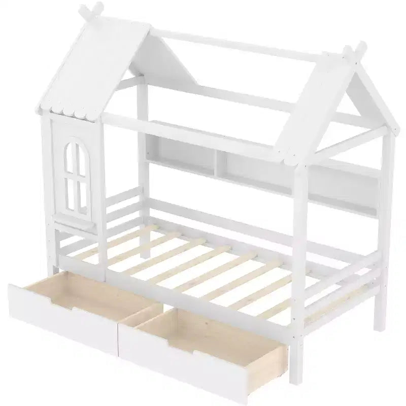 Lit cabane avec tiroirs de rangement et fenêtre, en bois massif avec étagères, blanc clair