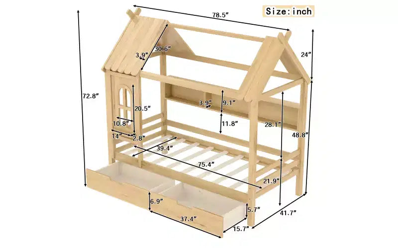 Lit cabane avec tiroirs de rangement et fenêtre, en bois massif avec étagères, blanc clair