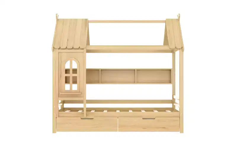 Lit cabane avec tiroirs de rangement et fenêtre, en bois massif avec étagères, blanc clair