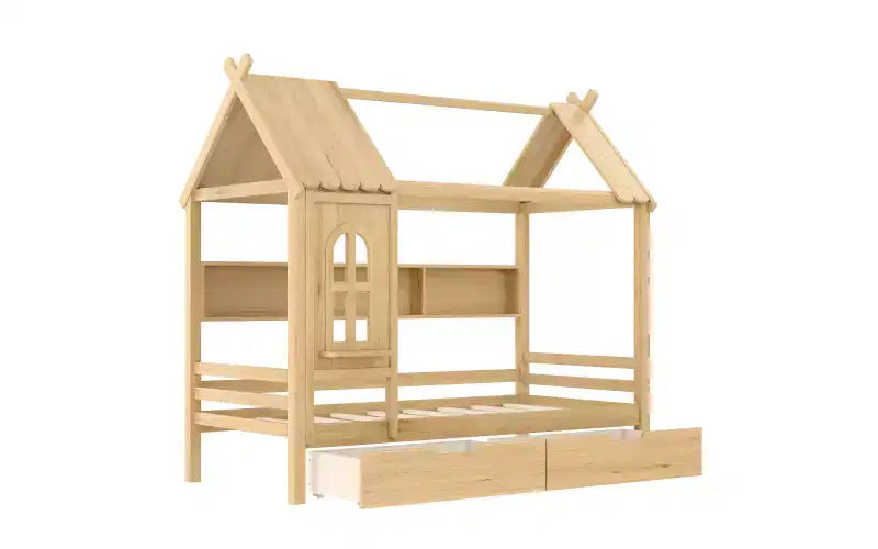 Lit cabane avec tiroirs de rangement et fenêtre, en bois massif avec étagères, blanc clair